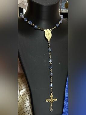 Gold Tone Marian Rosary Necklace with Blue Beads